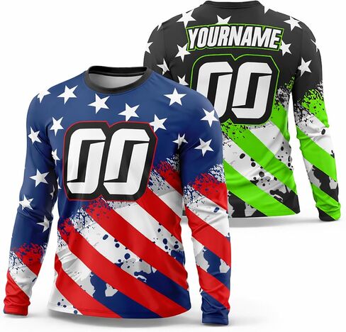 Motocross & BMX Jersey – Patriotic USA Flag Design – Upload Team Logo or Add Name & Number – Men, Women & Youth Toddler to 5XL – No Minimum – Made in USA in Kuwait