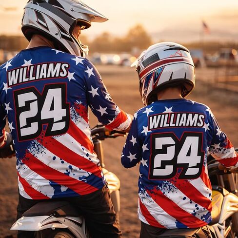 Motocross & BMX Jersey – Patriotic USA Flag Design – Upload Team Logo or Add Name & Number – Men, Women & Youth Toddler to 5XL – No Minimum – Made in USA in Kuwait