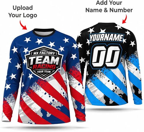 Motocross & BMX Jersey – Patriotic USA Flag Design – Upload Team Logo or Add Name & Number – Men, Women & Youth Toddler to 5XL – No Minimum – Made in USA in Kuwait