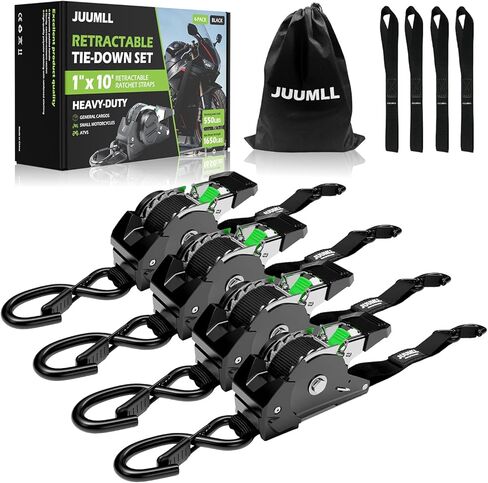 Retractable Ratchet Straps (4-Pack) 1" x 10ft - 1,650lb Break Strength, Heavy-Duty Auto Retracting Tie Down Straps for Cargo, Motorcycle, ATV, UTV, Kayak & Transport (Black) in Kuwait