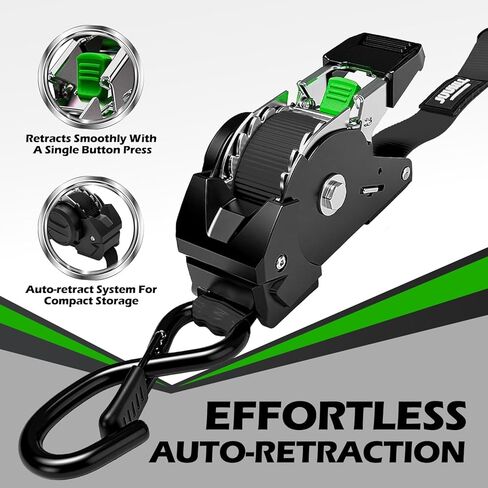 Retractable Ratchet Straps (4-Pack) 1" x 10ft - 1,650lb Break Strength, Heavy-Duty Auto Retracting Tie Down Straps for Cargo, Motorcycle, ATV, UTV, Kayak & Transport (Black) in Kuwait