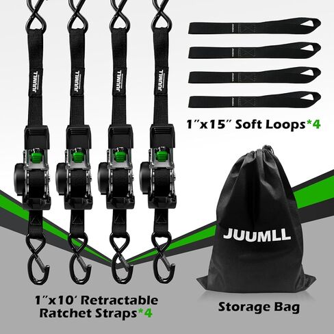 Retractable Ratchet Straps (4-Pack) 1" x 10ft - 1,650lb Break Strength, Heavy-Duty Auto Retracting Tie Down Straps for Cargo, Motorcycle, ATV, UTV, Kayak & Transport (Black) in Kuwait