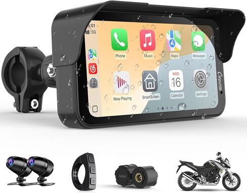 Carpuride W603DT للدراجات النارية CarPlay & Android Auto & TPMS - HD1080p Dash Cam، شاشة لمس قابلة للدوران مقاومة للماء مقاس 6.3 بوصة للملاحة، بلوتوث، تسجيل حلقة، وحدة تحكم سلكية in Kuwait