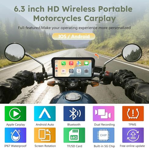 Carpuride W603DT للدراجات النارية CarPlay & Android Auto & TPMS - HD1080p Dash Cam، شاشة لمس قابلة للدوران مقاومة للماء مقاس 6.3 بوصة للملاحة، بلوتوث، تسجيل حلقة، وحدة تحكم سلكية in Kuwait