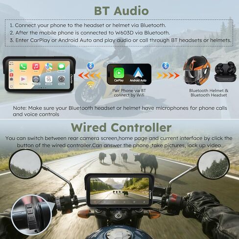 Carpuride W603DT للدراجات النارية CarPlay & Android Auto & TPMS - HD1080p Dash Cam، شاشة لمس قابلة للدوران مقاومة للماء مقاس 6.3 بوصة للملاحة، بلوتوث، تسجيل حلقة، وحدة تحكم سلكية in Kuwait