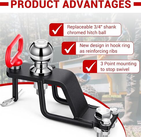Timtin 3-Way ATV/UTV Trailer Hitch Adapter with 2'' Ball Head, Magnetic Hitch Pin, 3500 lbs for Trailer Hitches Adapter, 3" Drop/Rise, 3 in1 Mounting Options Compatible with Garden Tractor Lawn Mower in Kuwait