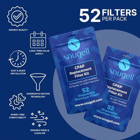 Disposable Replacement CPAP Filters by Snugell | 52 Pack | Premium Universal Filter for Resmed Airsense 10 - Aircurve 10 - S9 Series | One Year Supply | Travel Machine or Home Use in Saudi Arabia