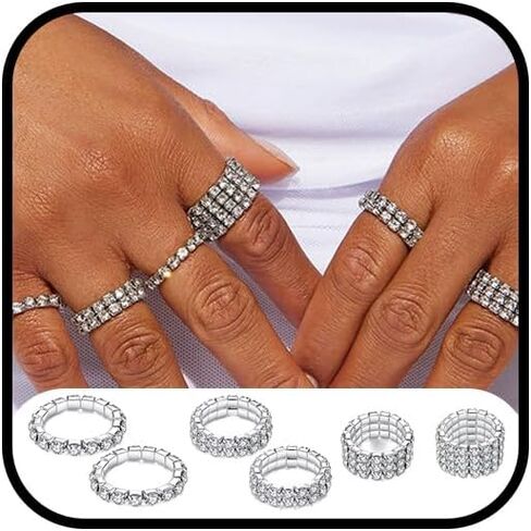 6pcs Bling Rhinestone Stretch Costume Rings Set for Women Sparkly Crystal Elastic Cocktail Ring Stack Silver Statement Stretchy Sparkle CZ Adjustable Rings Pack Jewelry in Saudi Arabia