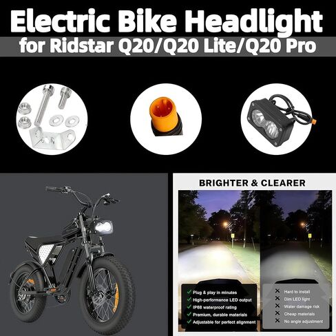 Electric Bike Headlight 20W 6000-6500K White High Beam, Waterproof 3-Pin Plug & Play, Mount Bracket Included, Compatible with Ridstar Q20/Q20 Lite/Q20 Pro, Ebike, Motorcycle & ATV in Kuwait