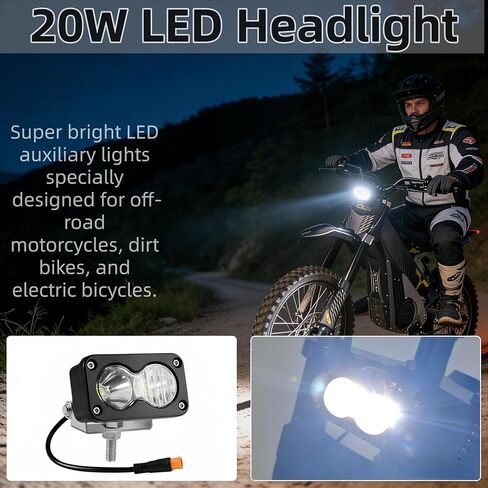 Electric Bike Headlight 20W 6000-6500K White High Beam, Waterproof 3-Pin Plug & Play, Mount Bracket Included, Compatible with Ridstar Q20/Q20 Lite/Q20 Pro, Ebike, Motorcycle & ATV in Kuwait