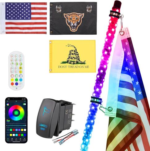 Ehaho 2 Pack 3FT Whip Lights with Spring Base,LED Whip Light with App & Remote Control, Spiral RGB Chasing Lighted Whips with Rocker Switch, Music Whip Light for UTV ATV Polaris RZR Can-Am SXS Truck in Kuwait
