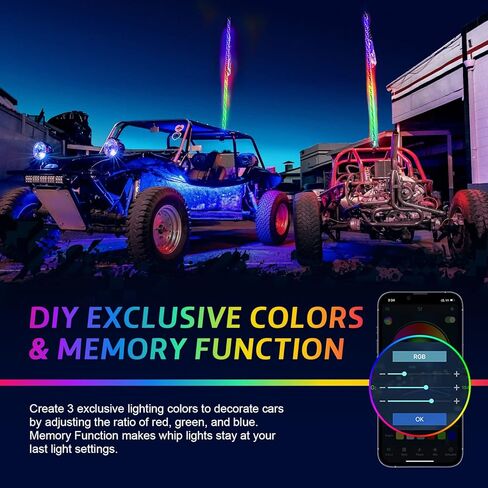 Ehaho 2 Pack 3FT Whip Lights with Spring Base,LED Whip Light with App & Remote Control, Spiral RGB Chasing Lighted Whips with Rocker Switch, Music Whip Light for UTV ATV Polaris RZR Can-Am SXS Truck in Kuwait