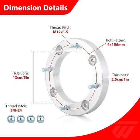 WeiSen 4 Pcs 1" 4x156mm Wheel Spacers with 3/8" Studs - 12mm Wheels (Stud Thread: From 3/8-24 to M12x1.5), Wheel Adapters Compatible with Polaris RZR Ranger Ace Sportsman in Kuwait