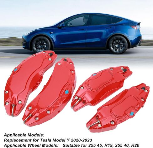 مجموعة أغطية الفرجار مكونة من 4 قطع متوافقة مع ملحقات Tesla Model Y، 2020-2023 18 20 بوصة أغطية فرجار الفرامل الأمامية والخلفية لمحور العجلات، مناسبة لفرجار الفرامل الأحمر Tesla Model Y (لا تناسب طراز Tesla 3) in Kuwait
