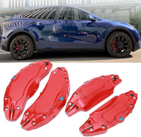 مجموعة أغطية الفرجار مكونة من 4 قطع متوافقة مع ملحقات Tesla Model Y، 2020-2023 18 20 بوصة أغطية فرجار الفرامل الأمامية والخلفية لمحور العجلات، مناسبة لفرجار الفرامل الأحمر Tesla Model Y (لا تناسب طراز Tesla 3) in Kuwait