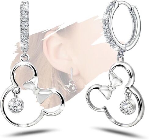 Sterling Silver Mouse Earrings with Sparkling Cubic Zirconia, Hypoallergenic Cute Large Dangle Hoop Earrings,Adorable Gifts for Daughter Granddaughter Niece in Saudi Arabia