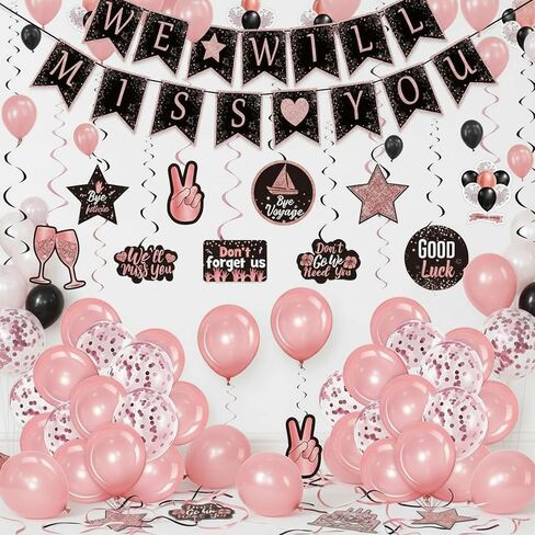 Tenare 53 Pcs Farewell Party Decorations Set WE WILL MISS YOU Banner Confetti Balloon Going Away Party Hanging Swirls Decor Kit for Retirement Farewell Going Away Job Change Party (Black and Pink) in Saudi Arabia