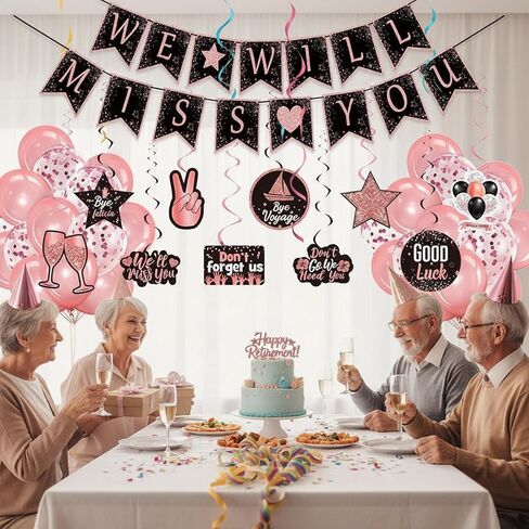 Tenare 53 Pcs Farewell Party Decorations Set WE WILL MISS YOU Banner Confetti Balloon Going Away Party Hanging Swirls Decor Kit for Retirement Farewell Going Away Job Change Party (Black and Pink) in Saudi Arabia