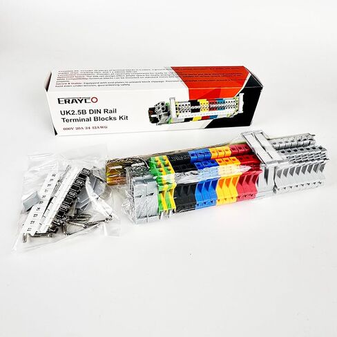 DIN Rail Terminal Block Kit 20 UK2.5B 12 AWG Gauge Terminal Blocks 20A 600V Ground Blocks Fixed Bridge Jumpers End Covers End Brackets in Saudi Arabia