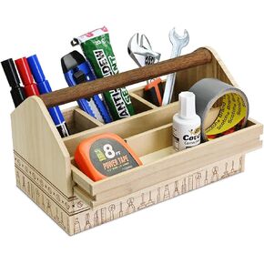 Ikee Design Small Natural Wood Color Wooden Craft Tool Box Caddy with a Handle for Storage Tool, Makeup, Collections with 5 Compartments for Storage and Organizing, 10 W x 5.1 D x 3.5 H in in Kuwait