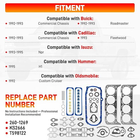 مجموعة حشيات المحرك 260-1269 متوافقة مع Chevy C1500/C2500/K1500 G20/G30، GMC G1500/G2500 Yukon، Isuzu NPR SBC 350 5.7L استبدال المحرك # KS2666 in Kuwait