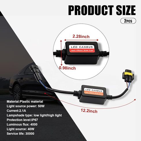 Pack-2 Car H11/H8/H9 LED Bulb Decoder, Lighting System Anti-flicker Harness Adapter, Warning Error Fault Decoder to Fix Bulb On and Off Problem, Universal for Cars Radio Audio Filter (Black) in Kuwait