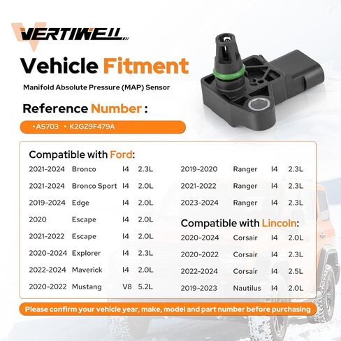 Manifold Absolute Pressure MAP Sensor Compatible with Ford Lincoln Explorer Ranger Edge Bronco Sport Escape Maverick Corsair Nautilus 2.3L 5.2L V8 L4 2019-2024 Replaces AS703 K2GZ9F479A in Kuwait
