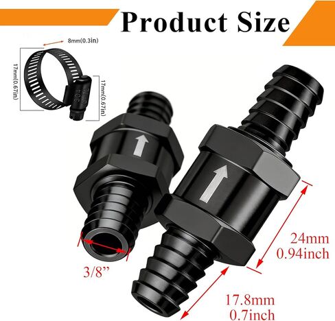 mxuteuk 2Pcs 3/8" 10mm Aluminium Silver Non Return One Way Check Valve with 4Pcs 6-12mm Universal Adjustable Hose Clamps for Fuel Petrol Diesel Line Oil M-H-032-10mm in Kuwait