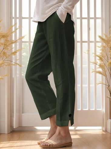 Women Linen Pants Summer 2025 Casual Elastic Waist Straight Wide Leg Beach Trouser with Pockets in Saudi Arabia