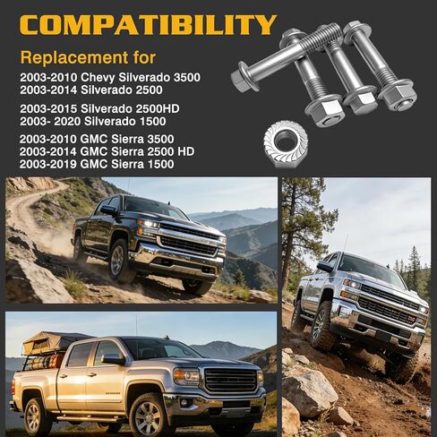 YunGlee Rear Shock Bolt Kit Compatible with Chevy Silverado including (03-10 3500, 03-14 2500, 03-15 2500HD, 03-20 Silverado 1500), GMC including 03-19 Sierra 1500, 03-14 2500HD, 03-10 3500 (4) in Kuwait