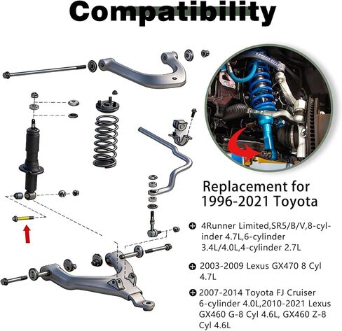 مجموعة مسامير سفلية للصدمات الأمامية من YunGlee متوافقة مع Toyota 4Runner 1996-2021، FJ Cruiser 2007-2014، Lexus GX460 GX470 - أجهزة استبدال التعليق المطلية بالزنك الأصفر من الفئة 10.9 (قطعتان) in Kuwait