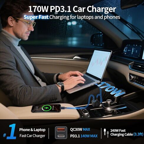 شاحن شاحنة فائق السرعة 24 فولت Apater 12 فولت 170 وات شاحن سيارة USB C مع عرض الجهد محول ولاعة السجائر لهاتف iPhone 16 Samsung Galaxy S25/S23 Ultra أجهزة الكمبيوتر المحمولة in Kuwait