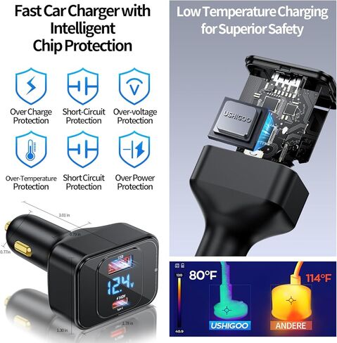 شاحن شاحنة فائق السرعة 24 فولت Apater 12 فولت 170 وات شاحن سيارة USB C مع عرض الجهد محول ولاعة السجائر لهاتف iPhone 16 Samsung Galaxy S25/S23 Ultra أجهزة الكمبيوتر المحمولة in Kuwait