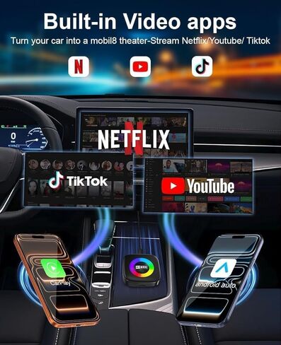 Wireless Carplay Adapter for iPhone Ai Magic Box with YouTube Supports TF/Card Dongle Plug and Play Easy Setup Carplay & Android Auto Video Entertainment for iOS 10+ Radio Accessories in Kuwait