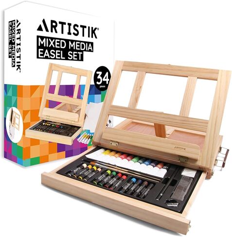 Desk Easel with Acrylic Paints - Table Top Adjustable Wooden Desktop Easel, 12 Tubes, Canvas, Paintbrushes & Palette for Painting, Sketching and Drawing Supplies in Saudi Arabia