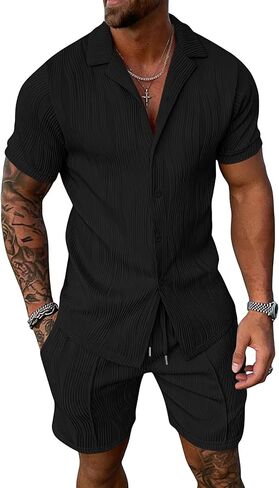 Summer Outfits for Men 2 Piece Short Sleeve Button Down Shirt & Shorts Set Casual Vacation Beach Tracksuit in Saudi Arabia
