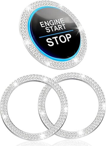 2PCS Crystal Rhinestone Car Engine Start Decoration Ring, Push to Start Button Cover Stickers, Combinatorial Bling Car Interior Accessories for Women (Single row - Silver) in Kuwait