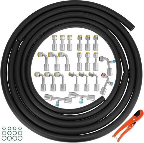 25PCS Air Conditioning Hose and Fitting Kit Includes 3PCS 9.8ft #6#8#10 AC Hoses, 22PCS #6#8#10 AC Fittings, 12Pcs O-Rings, Compatible with Automotive AC Systems R134a Universal in Kuwait