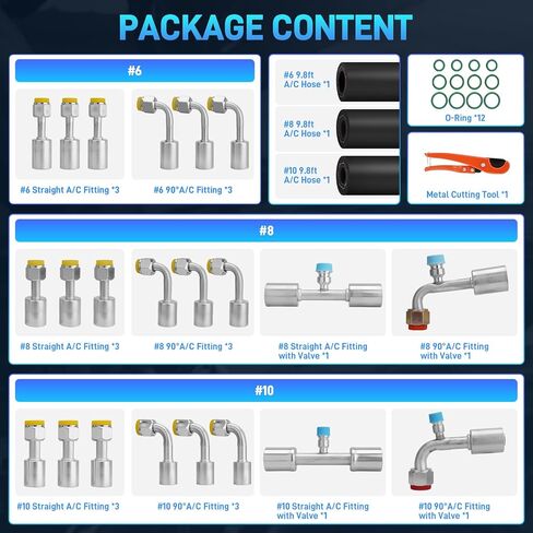 25PCS Air Conditioning Hose and Fitting Kit Includes 3PCS 9.8ft #6#8#10 AC Hoses, 22PCS #6#8#10 AC Fittings, 12Pcs O-Rings, Compatible with Automotive AC Systems R134a Universal in Kuwait