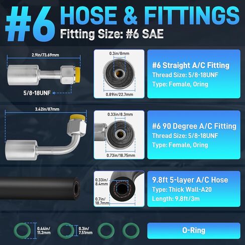 25PCS Air Conditioning Hose and Fitting Kit Includes 3PCS 9.8ft #6#8#10 AC Hoses, 22PCS #6#8#10 AC Fittings, 12Pcs O-Rings, Compatible with Automotive AC Systems R134a Universal in Kuwait