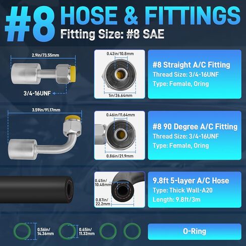 25PCS Air Conditioning Hose and Fitting Kit Includes 3PCS 9.8ft #6#8#10 AC Hoses, 22PCS #6#8#10 AC Fittings, 12Pcs O-Rings, Compatible with Automotive AC Systems R134a Universal in Kuwait