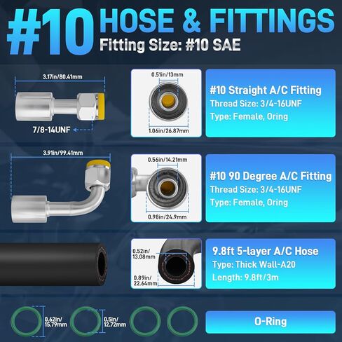 25PCS Air Conditioning Hose and Fitting Kit Includes 3PCS 9.8ft #6#8#10 AC Hoses, 22PCS #6#8#10 AC Fittings, 12Pcs O-Rings, Compatible with Automotive AC Systems R134a Universal in Kuwait
