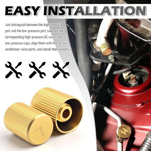 2PCS Car AC Low Pressure Port Cap & High Pressure Cap,Brass Cars AC Valve Caps with Sealing Ring,Seal-Tight & Dust-Proof ACS Service Port Caps Car Accessories for R134A System in Kuwait