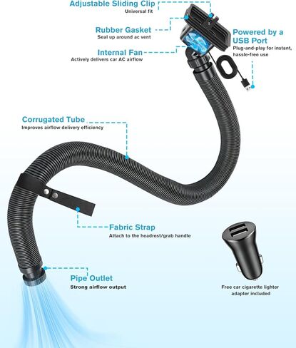 Car AC Vent Extender with Built-in Fan, Extendable Back Seat Air Conditioning, Directs Cool or Warm Air to kids, Elderly & Pets, Portable AC Hose, Universal for Vehicles in Saudi Arabia