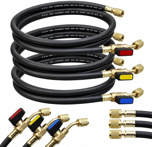 AC Hose Kit & HVAC Hoses – 3-Pack 72" Low Loss Refrigerant Hoses with Ball Valves, 1/4" SAE Flare, for R134A R410A R12 R22 R502 R1234yf, AC Recharge Manifold Hose & HVAC Tools, 800 PSI in Kuwait