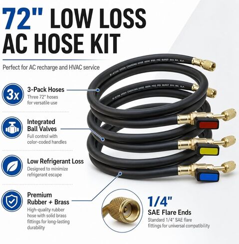 AC Hose Kit & HVAC Hoses – 3-Pack 72" Low Loss Refrigerant Hoses with Ball Valves, 1/4" SAE Flare, for R134A R410A R12 R22 R502 R1234yf, AC Recharge Manifold Hose & HVAC Tools, 800 PSI in Kuwait