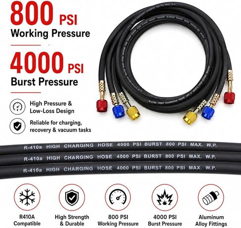 AC Hose Kit & HVAC Hoses – 3-Pack 72" Low Loss Refrigerant Hoses with Ball Valves, 1/4" SAE Flare, for R134A R410A R12 R22 R502 R1234yf, AC Recharge Manifold Hose & HVAC Tools, 800 PSI in Kuwait