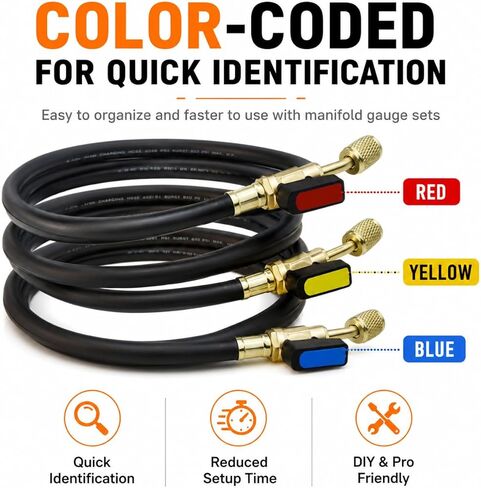 AC Hose Kit & HVAC Hoses – 3-Pack 72" Low Loss Refrigerant Hoses with Ball Valves, 1/4" SAE Flare, for R134A R410A R12 R22 R502 R1234yf, AC Recharge Manifold Hose & HVAC Tools, 800 PSI in Kuwait