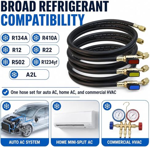 AC Hose Kit & HVAC Hoses – 3-Pack 72" Low Loss Refrigerant Hoses with Ball Valves, 1/4" SAE Flare, for R134A R410A R12 R22 R502 R1234yf, AC Recharge Manifold Hose & HVAC Tools, 800 PSI in Kuwait
