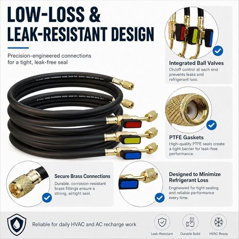 AC Hose Kit & HVAC Hoses – 3-Pack 72" Low Loss Refrigerant Hoses with Ball Valves, 1/4" SAE Flare, for R134A R410A R12 R22 R502 R1234yf, AC Recharge Manifold Hose & HVAC Tools, 800 PSI in Kuwait